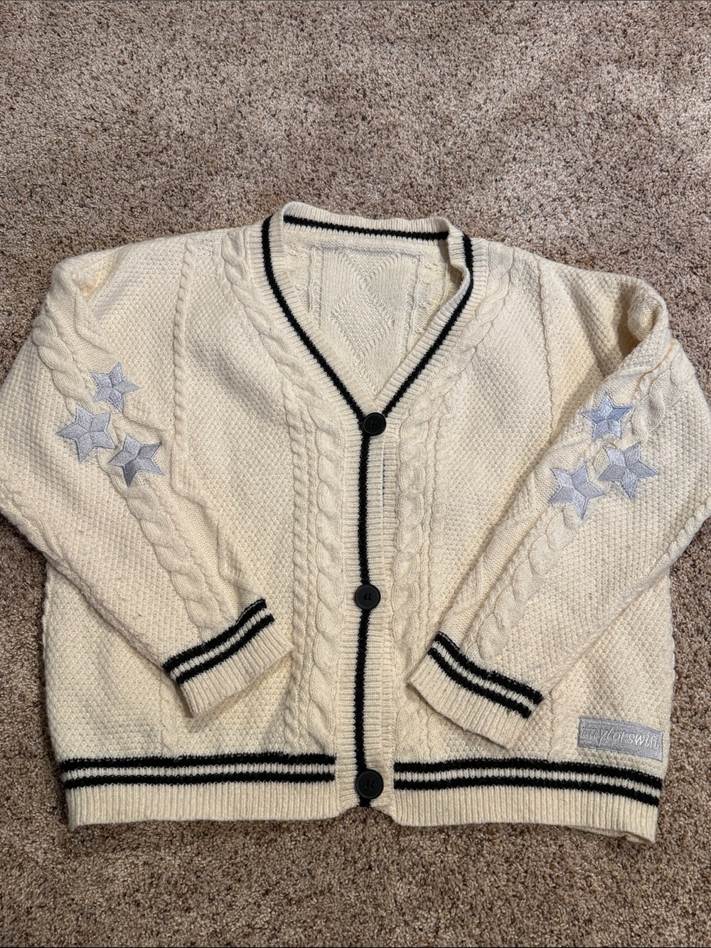Cream Cable Knit Cardigan with Black Trim and Star Embroidery - Taylor Swift